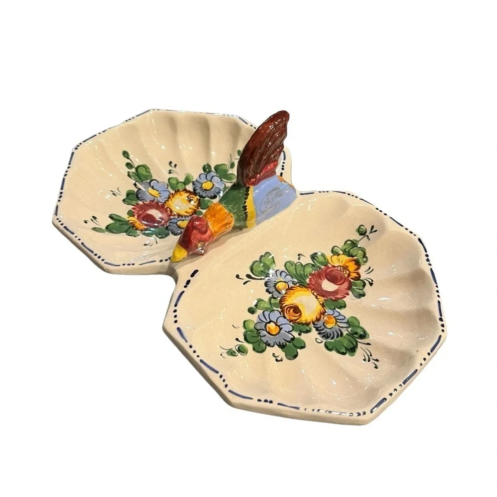 Vintage Italian Hand Painted Divided Candy Nut Dish Rooster Floral Farmhouse